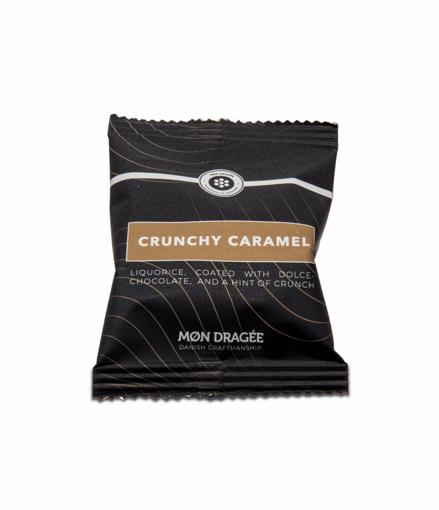 CRUNCHY CARAMEL - LIQUORICE COATED WITH DOLCE CHOCOLATE AND A HINT OF CRUNCH - FLOWPACK