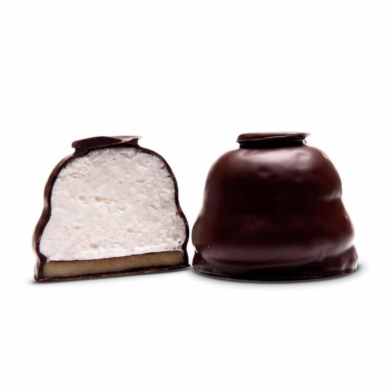 Harms Chocolat klassiske håndlavede flødeboller med mørk chokolade, vaniljeskum og marcipanbund