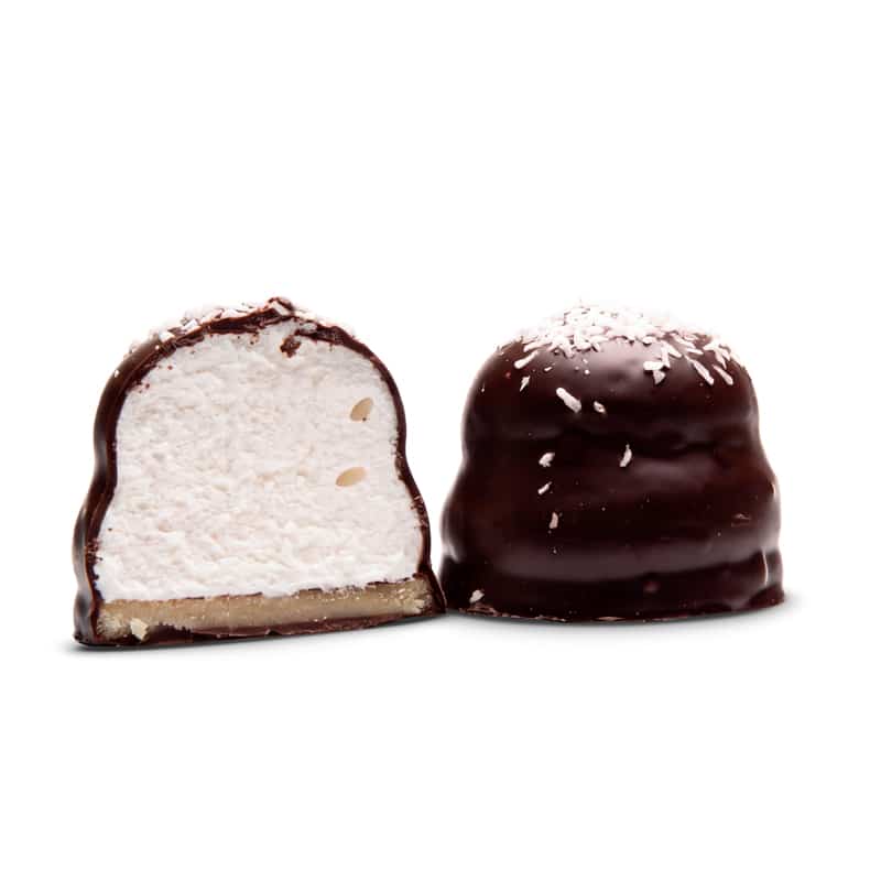 Kokos flødebolle fra Harms Chocolat med vaniljeskum, marcipanbund, mørk chokolade og kokos